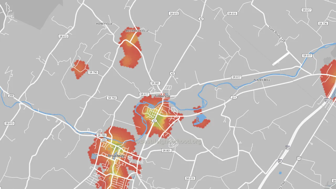 Walk Grade map of 22853, VA, walkable areas in green and car-dependent areas in red