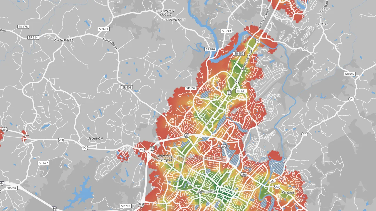 Walk Grade map of 22901, VA, walkable areas in green and car-dependent areas in red