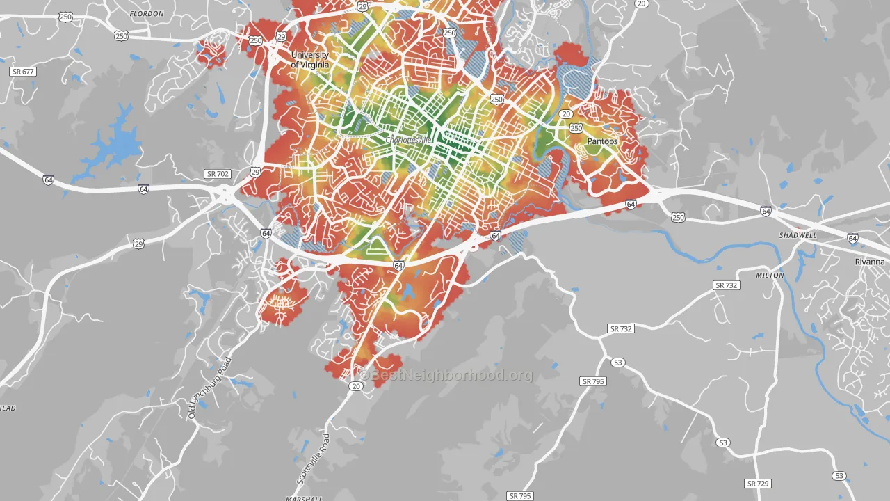 Walk Grade map of 22902, VA, walkable areas in green and car-dependent areas in red