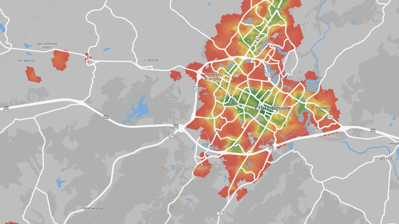 Walk Grade map of 22903, VA, walkable areas in green and car-dependent areas in red