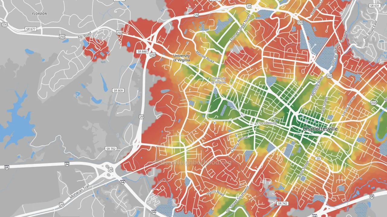 Walk Grade map of 22904, VA, walkable areas in green and car-dependent areas in red