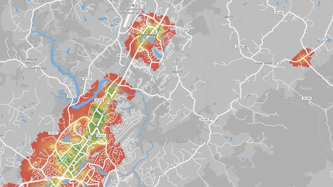 Walk Grade map of 22911, VA, walkable areas in green and car-dependent areas in red