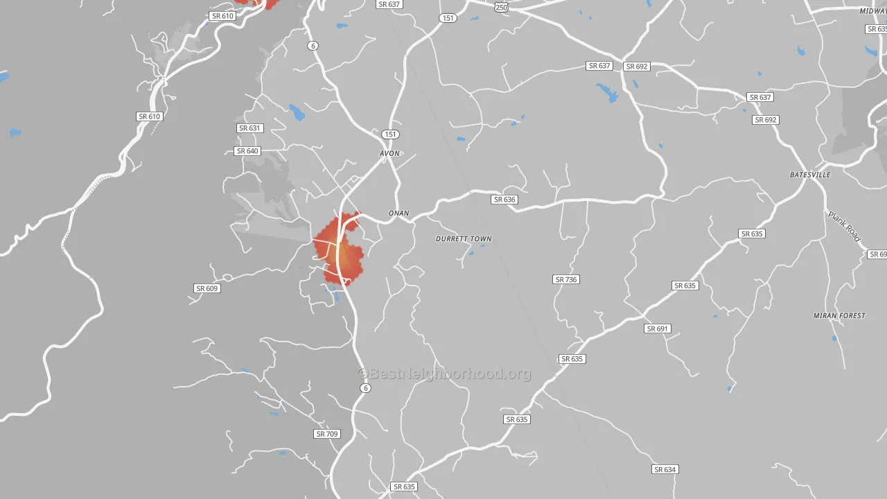 Walk Grade map of 22920, VA, walkable areas in green and car-dependent areas in red