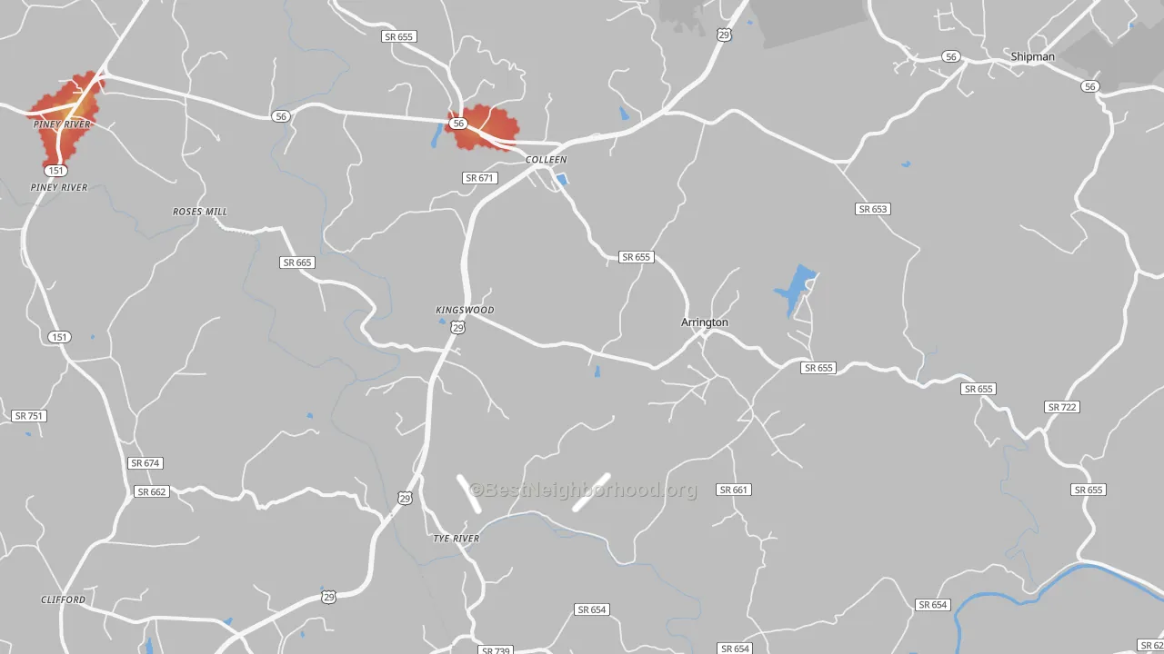 Walk Grade map of 22922, VA, walkable areas in green and car-dependent areas in red