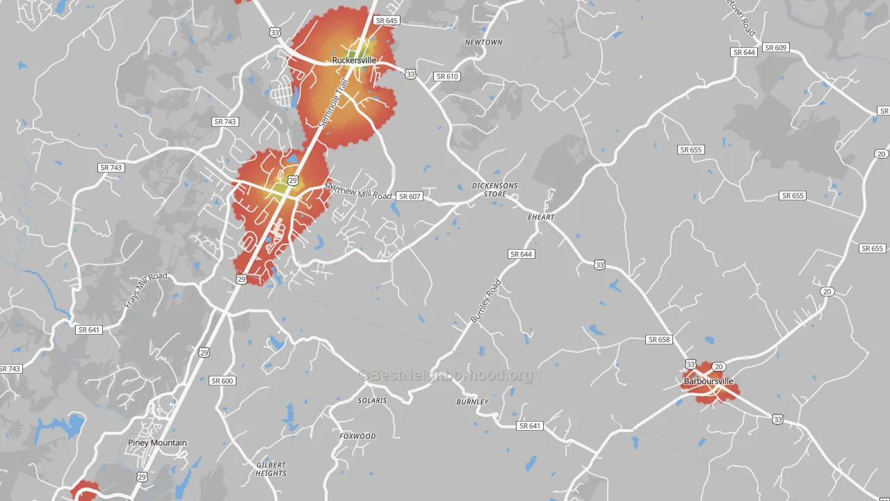 Walk Grade map of 22923, VA, walkable areas in green and car-dependent areas in red