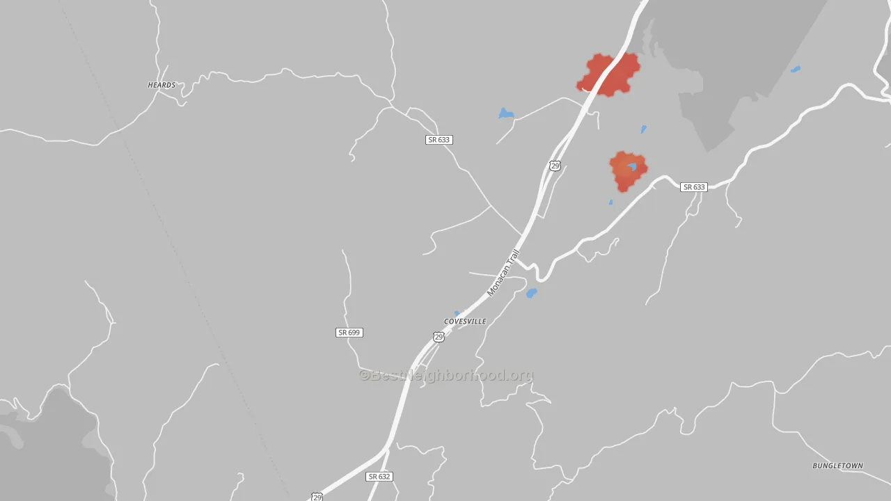 Walk Grade map of 22931, VA, walkable areas in green and car-dependent areas in red