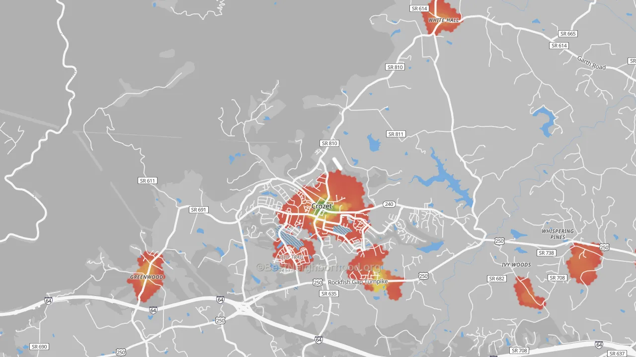 Walk Grade map of 22932, VA, walkable areas in green and car-dependent areas in red