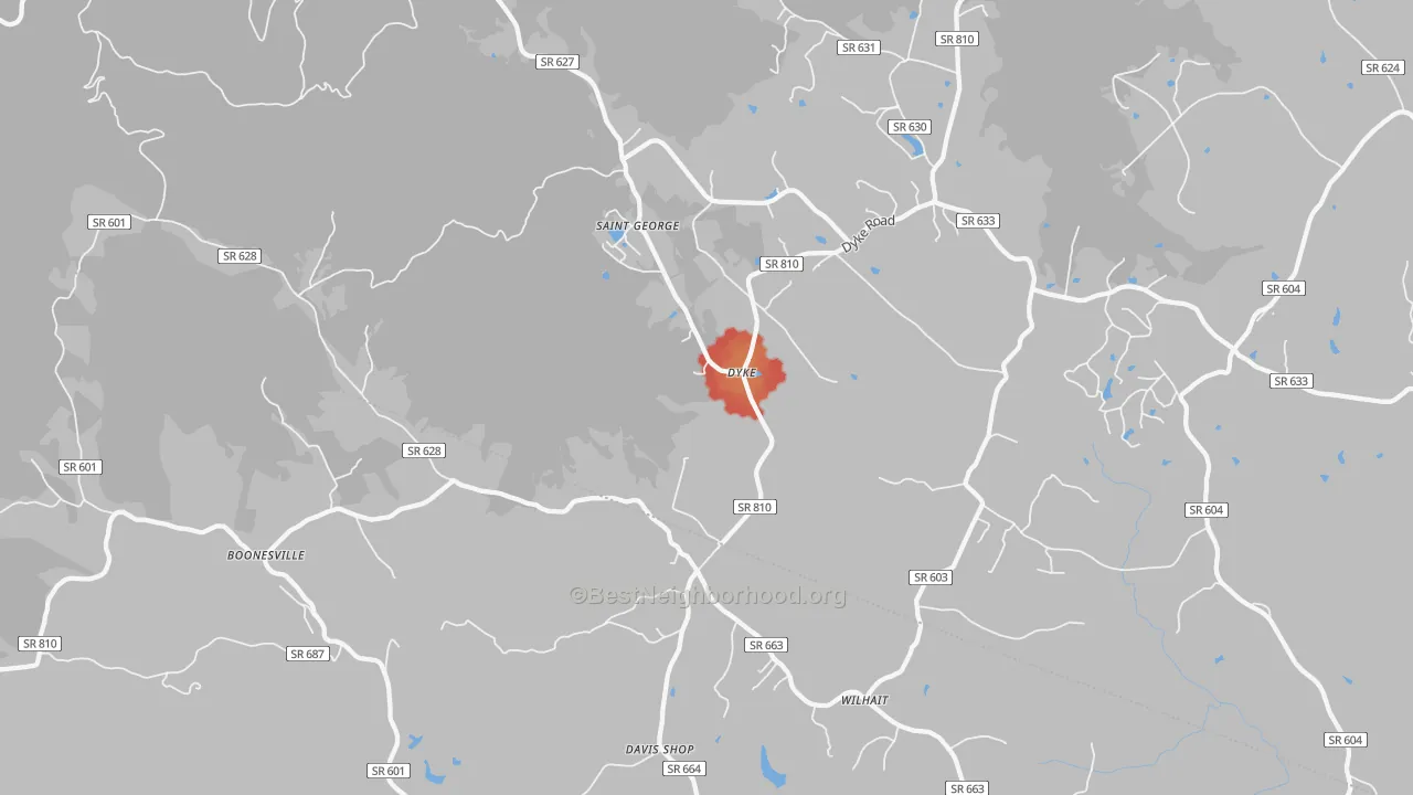 Walk Grade map of 22935, VA, walkable areas in green and car-dependent areas in red