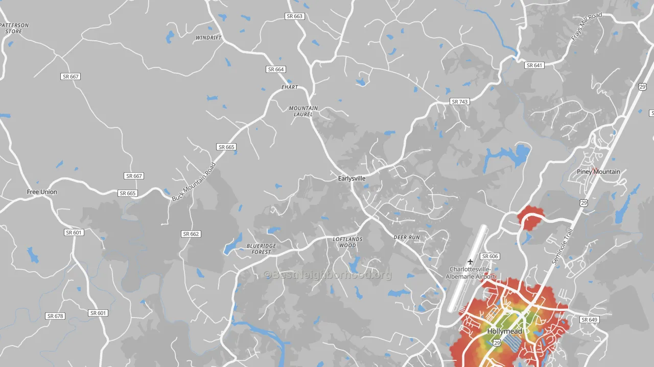 Walk Grade map of 22936, VA, walkable areas in green and car-dependent areas in red