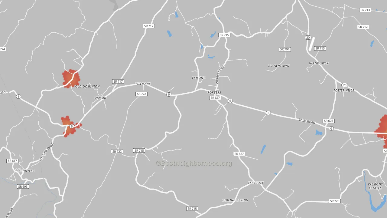 Walk Grade map of 22937, VA, walkable areas in green and car-dependent areas in red