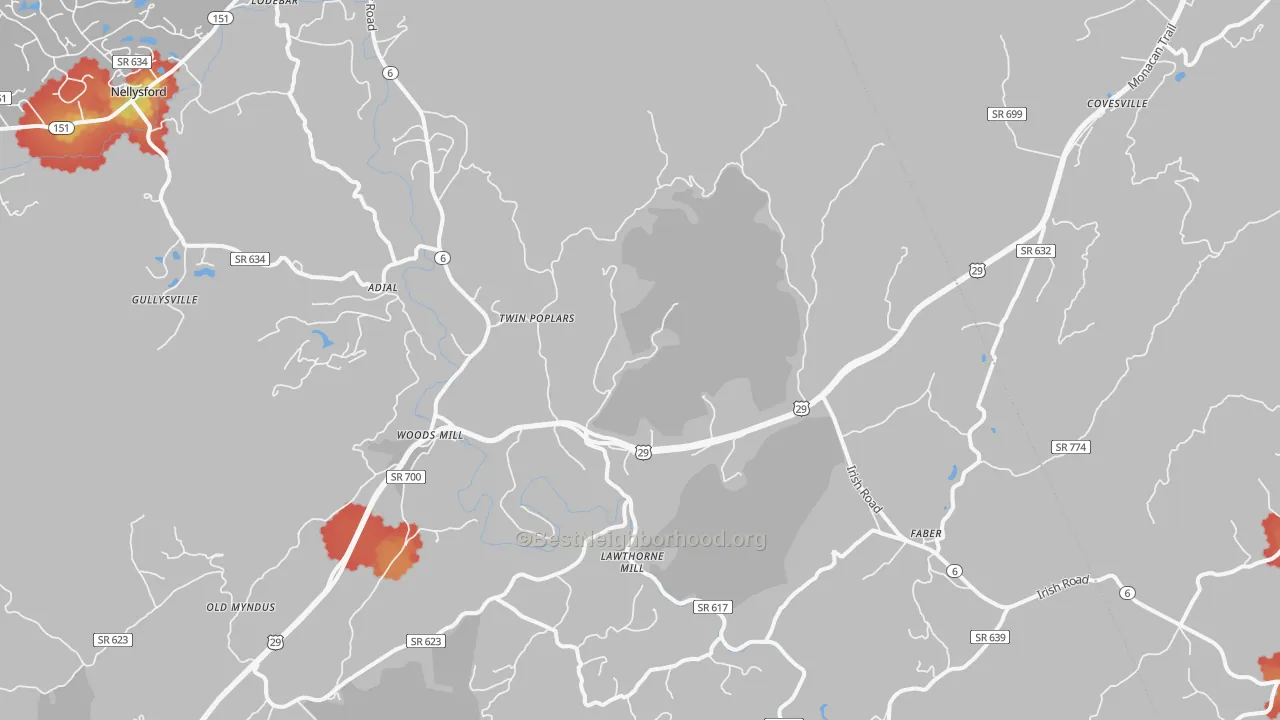 Walk Grade map of 22938, VA, walkable areas in green and car-dependent areas in red