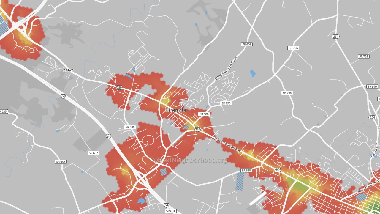 Walk Grade map of 22939, VA, walkable areas in green and car-dependent areas in red