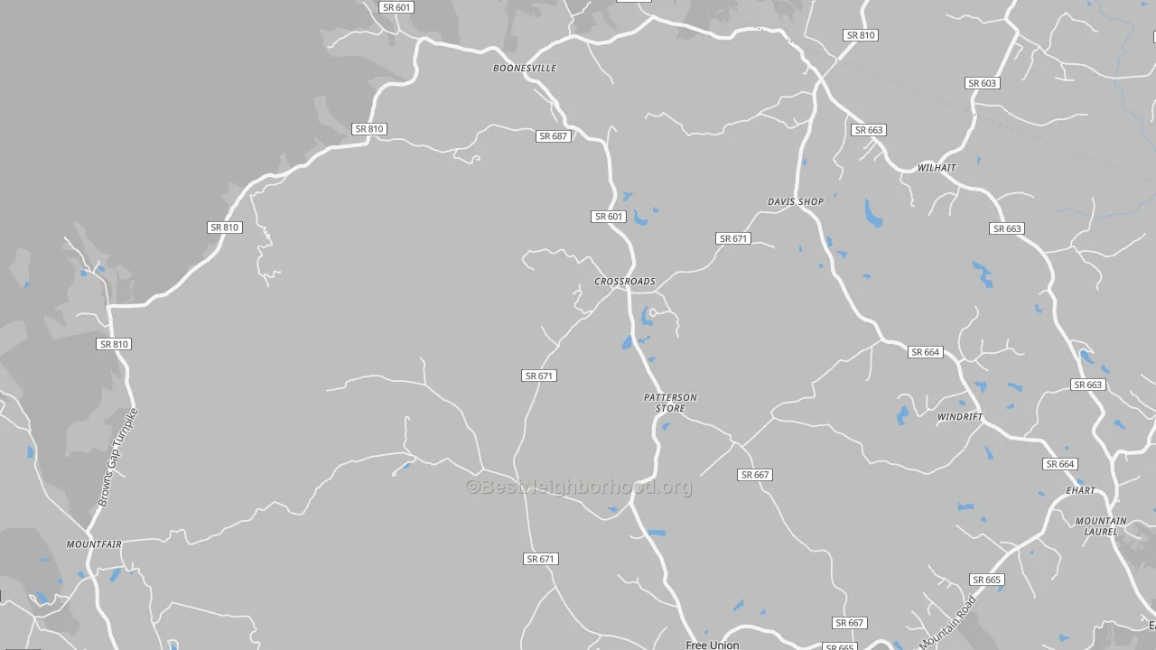 Walk Grade map of 22940, VA, walkable areas in green and car-dependent areas in red