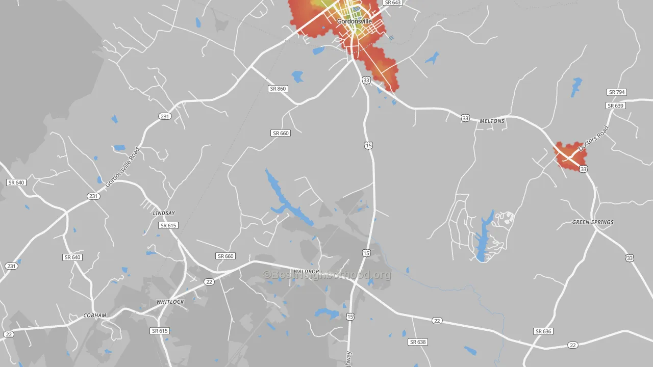 Walk Grade map of 22942, VA, walkable areas in green and car-dependent areas in red