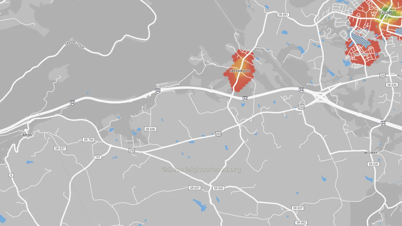 Walk Grade map of 22943, VA, walkable areas in green and car-dependent areas in red