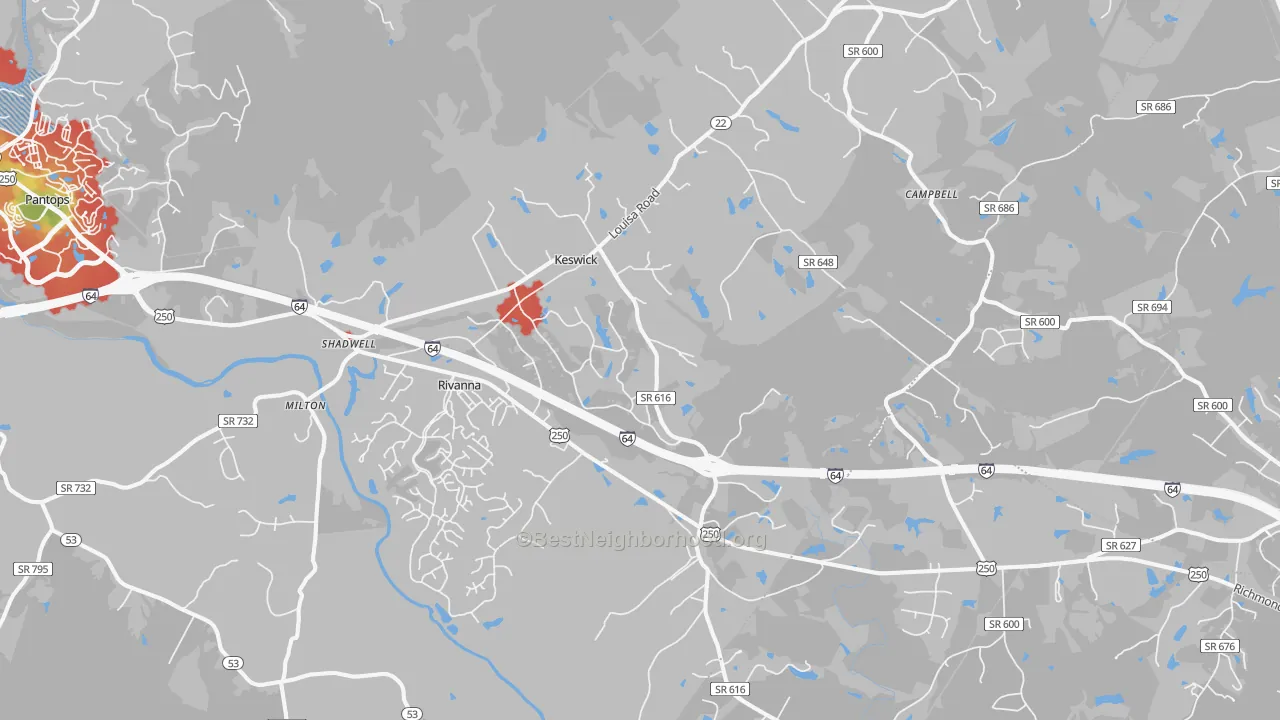 Walk Grade map of 22947, VA, walkable areas in green and car-dependent areas in red