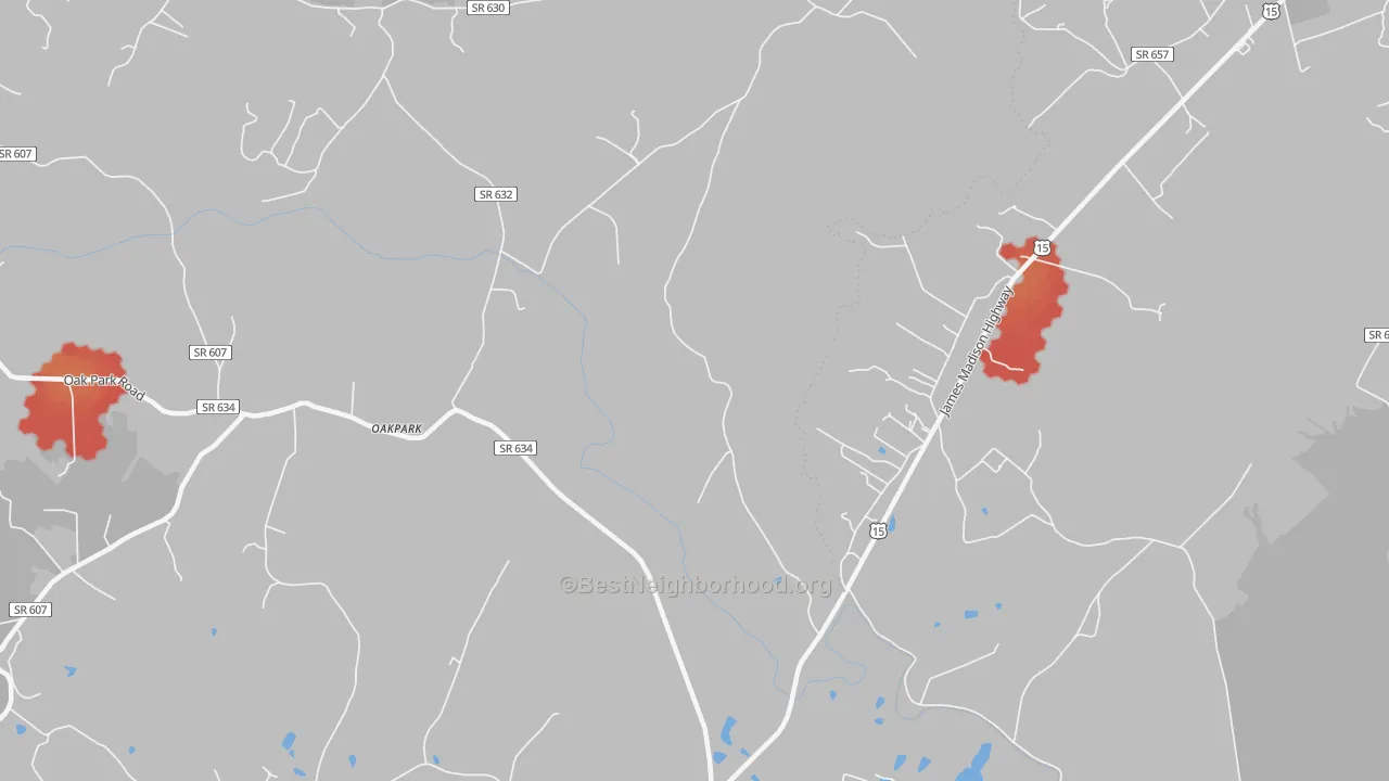 Walk Grade map of 22948, VA, walkable areas in green and car-dependent areas in red