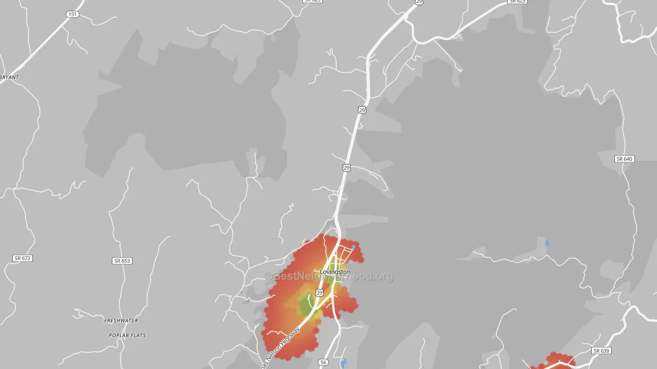 Walk Grade map of 22949, VA, walkable areas in green and car-dependent areas in red