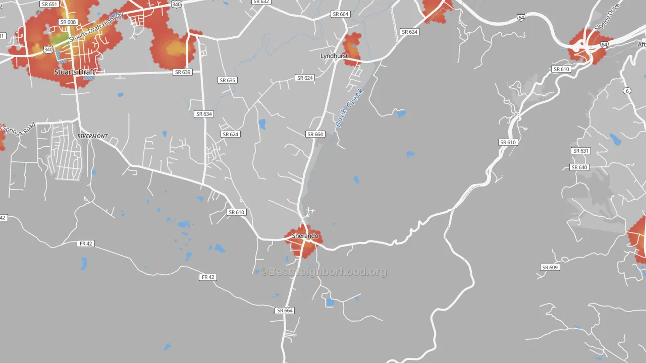 Walk Grade map of 22952, VA, walkable areas in green and car-dependent areas in red