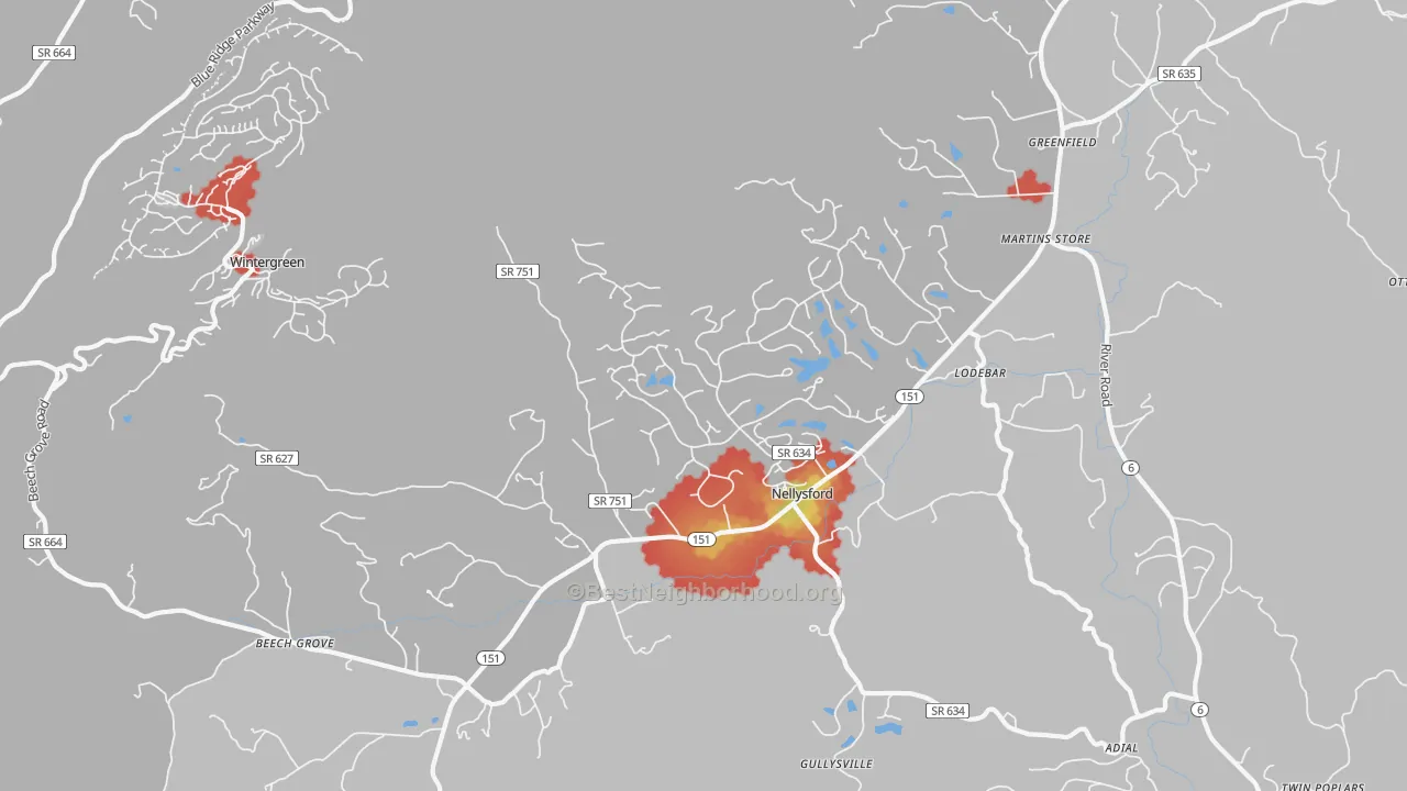 Walk Grade map of 22958, VA, walkable areas in green and car-dependent areas in red