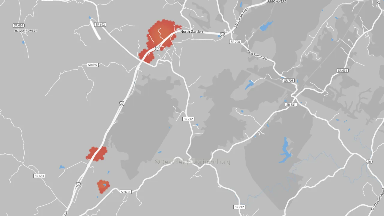 Walk Grade map of 22959, VA, walkable areas in green and car-dependent areas in red