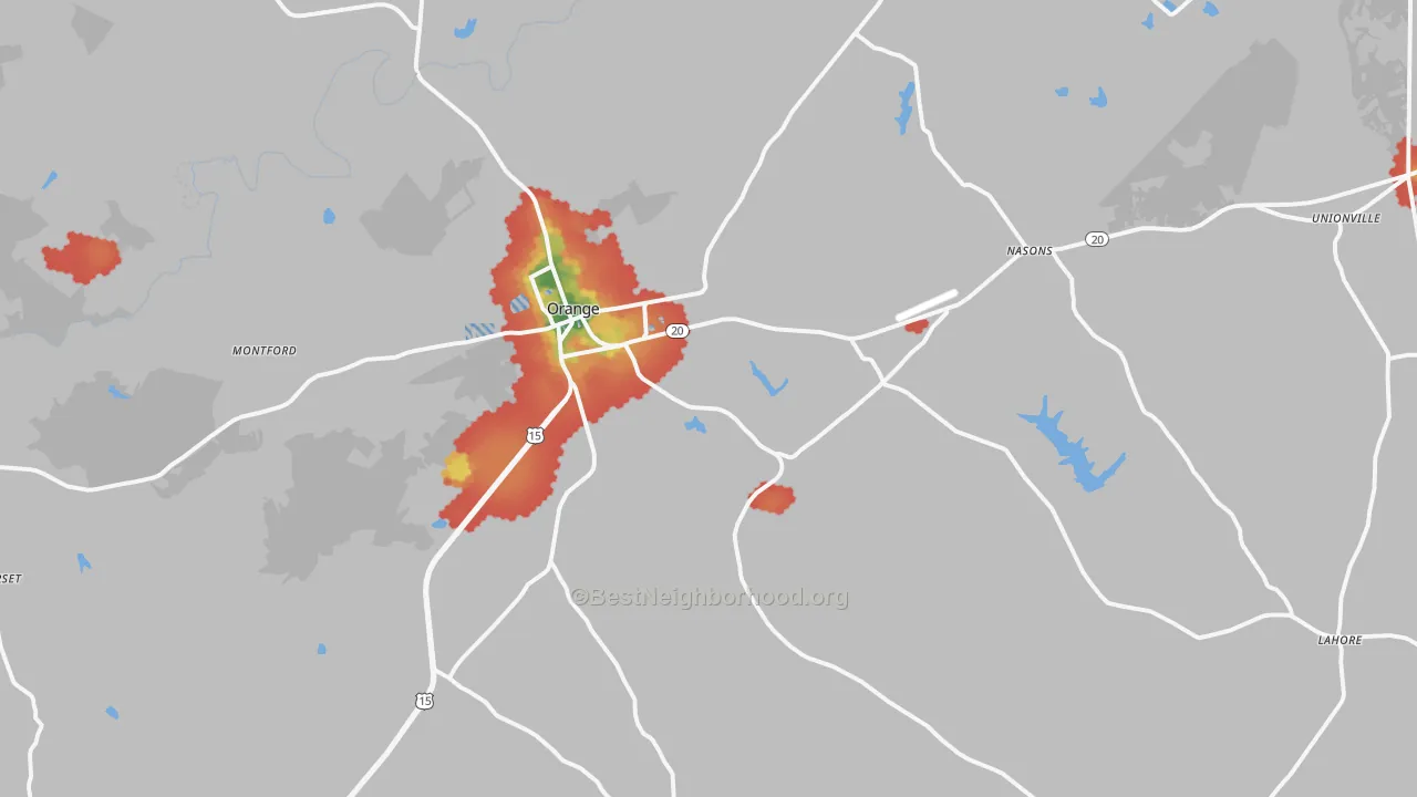 Walk Grade map of 22960, VA, walkable areas in green and car-dependent areas in red
