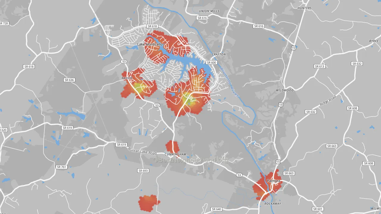 Walk Grade map of 22963, VA, walkable areas in green and car-dependent areas in red