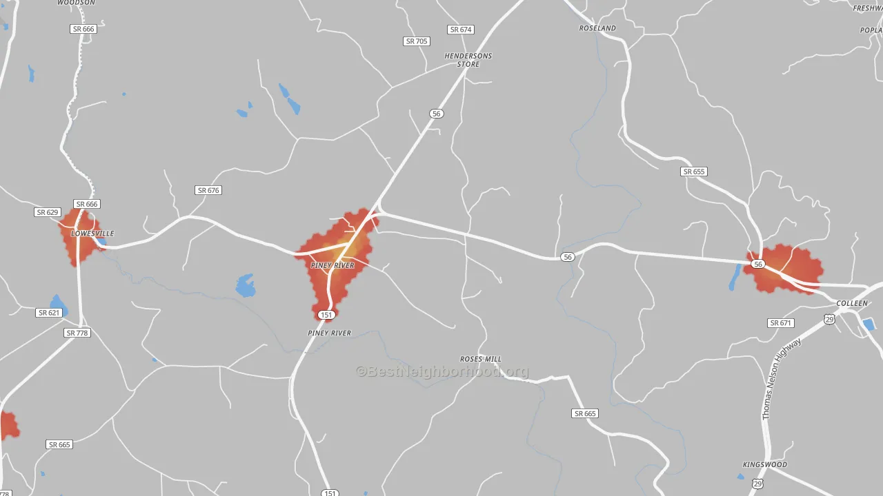 Walk Grade map of 22964, VA, walkable areas in green and car-dependent areas in red