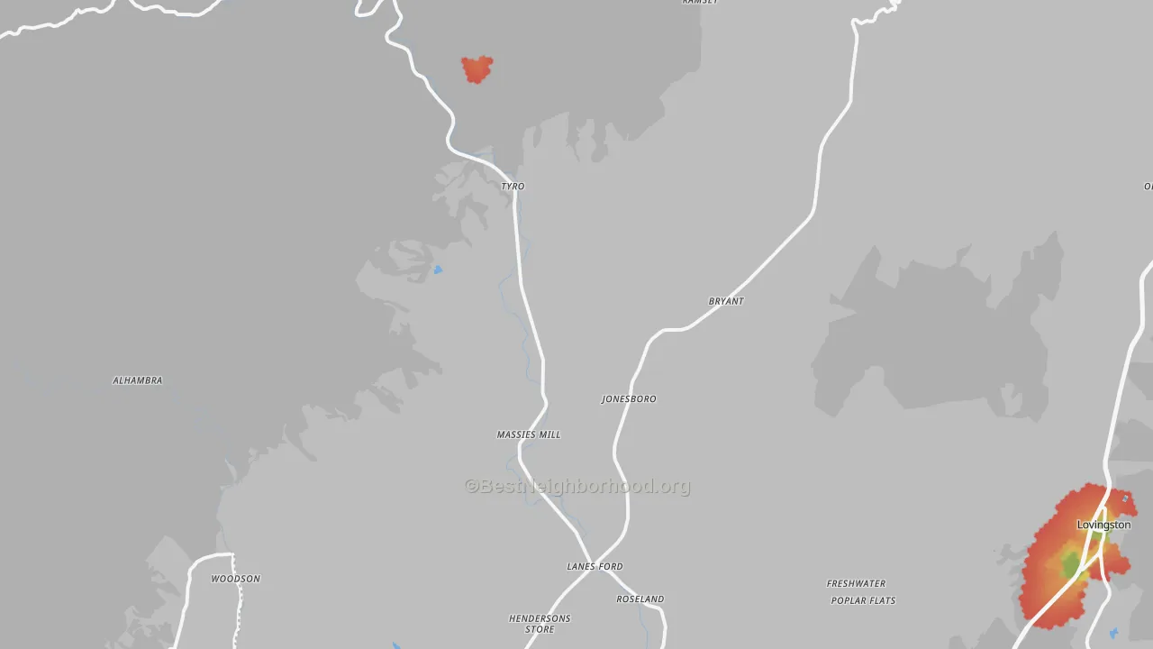 Walk Grade map of 22967, VA, walkable areas in green and car-dependent areas in red