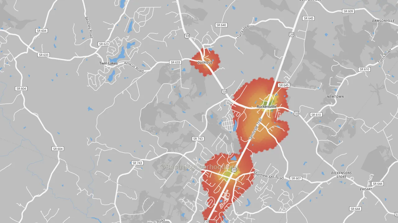 Walk Grade map of 22968, VA, walkable areas in green and car-dependent areas in red