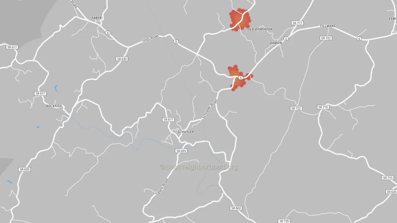 Walk Grade map of 22969, VA, walkable areas in green and car-dependent areas in red