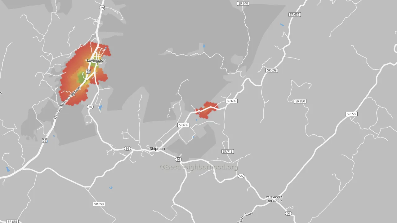 Walk Grade map of 22971, VA, walkable areas in green and car-dependent areas in red
