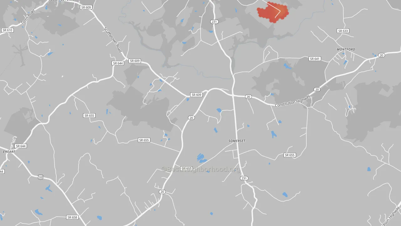 Walk Grade map of 22972, VA, walkable areas in green and car-dependent areas in red