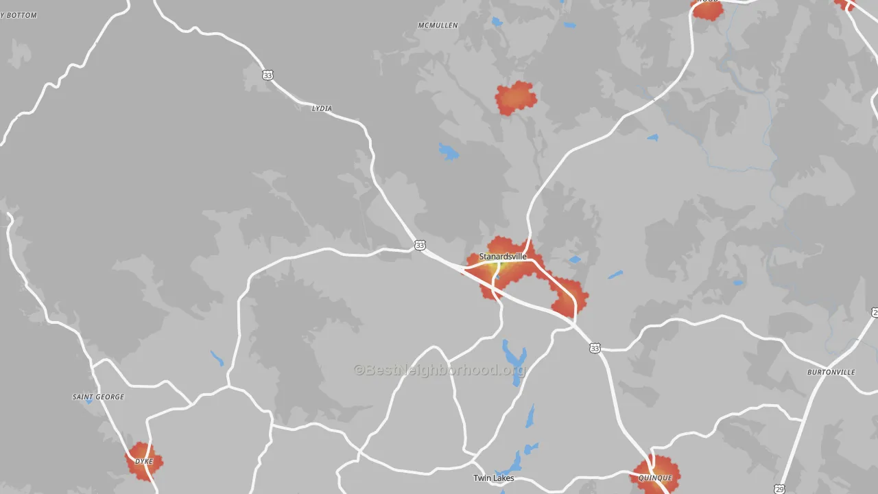 Walk Grade map of 22973, VA, walkable areas in green and car-dependent areas in red