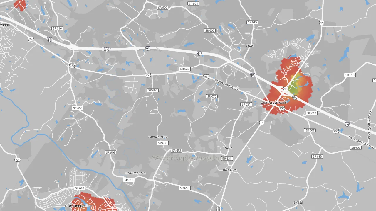 Walk Grade map of 22974, VA, walkable areas in green and car-dependent areas in red