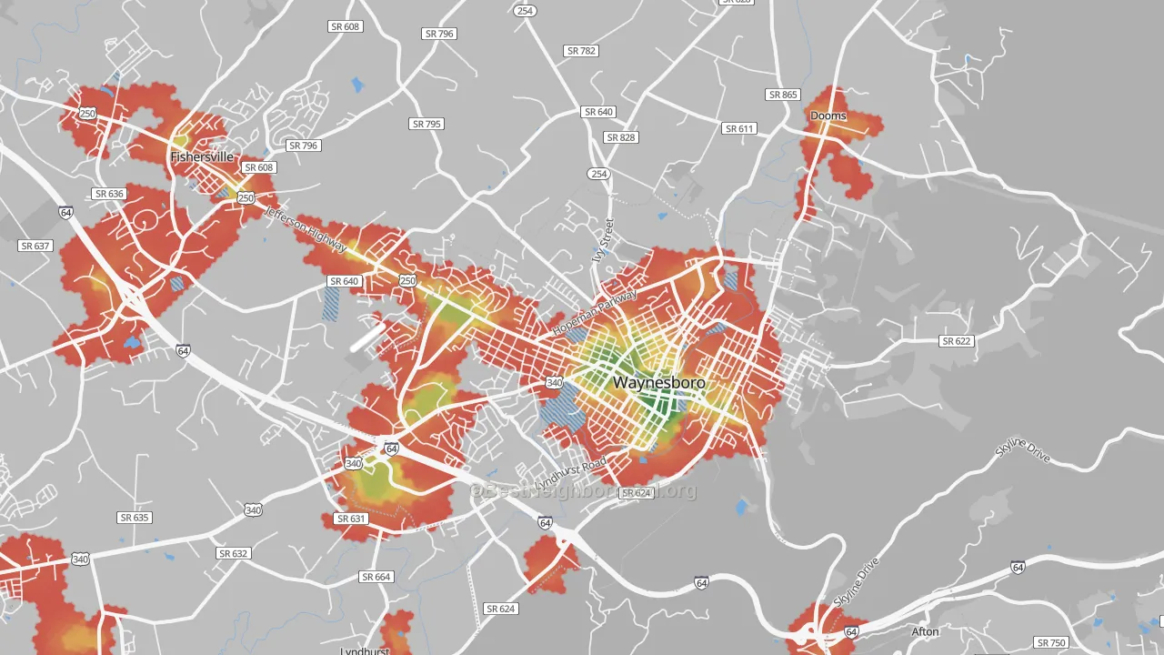 Walk Grade map of 22980, VA, walkable areas in green and car-dependent areas in red