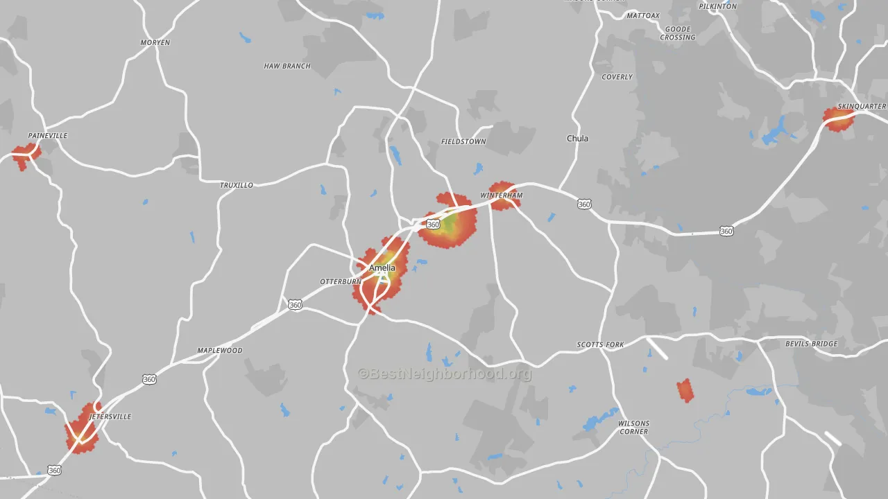 Walk Grade map of 23002, VA, walkable areas in green and car-dependent areas in red