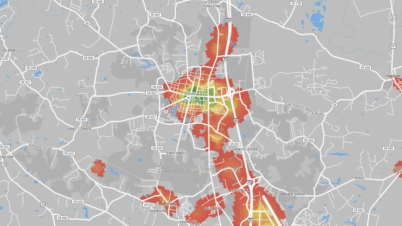 Walk Grade map of 23005, VA, walkable areas in green and car-dependent areas in red
