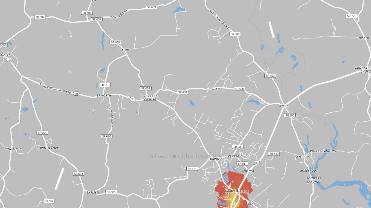 Walk Grade map of 23009, VA, walkable areas in green and car-dependent areas in red