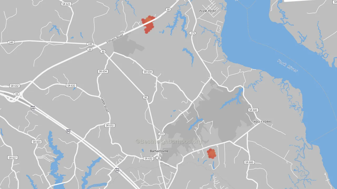 Walk Grade map of 23011, VA, walkable areas in green and car-dependent areas in red