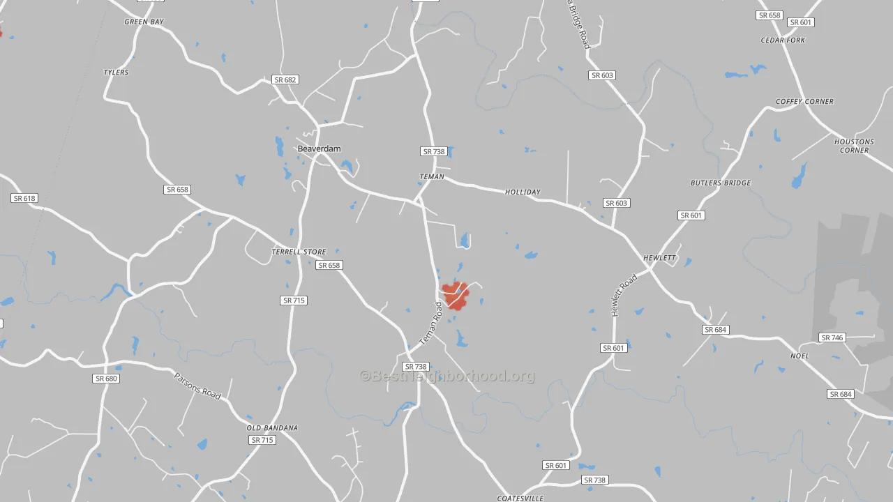 Walk Grade map of 23015, VA, walkable areas in green and car-dependent areas in red