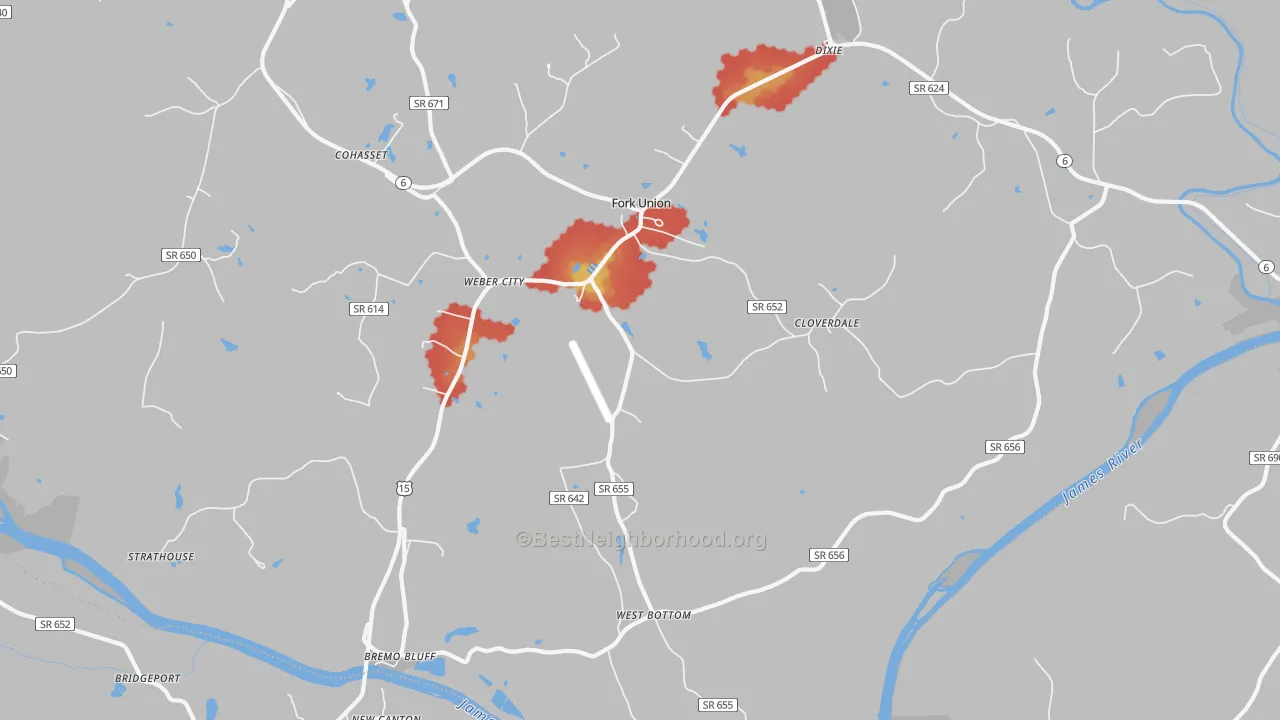 Walk Grade map of 23022, VA, walkable areas in green and car-dependent areas in red