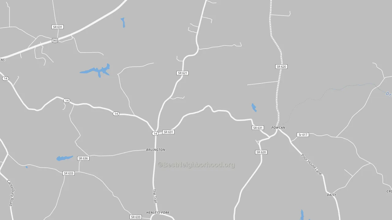 Walk Grade map of 23023, VA, walkable areas in green and car-dependent areas in red