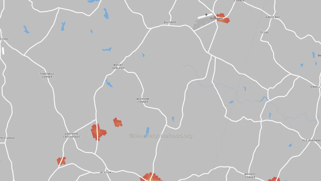 Walk Grade map of 23024, VA, walkable areas in green and car-dependent areas in red