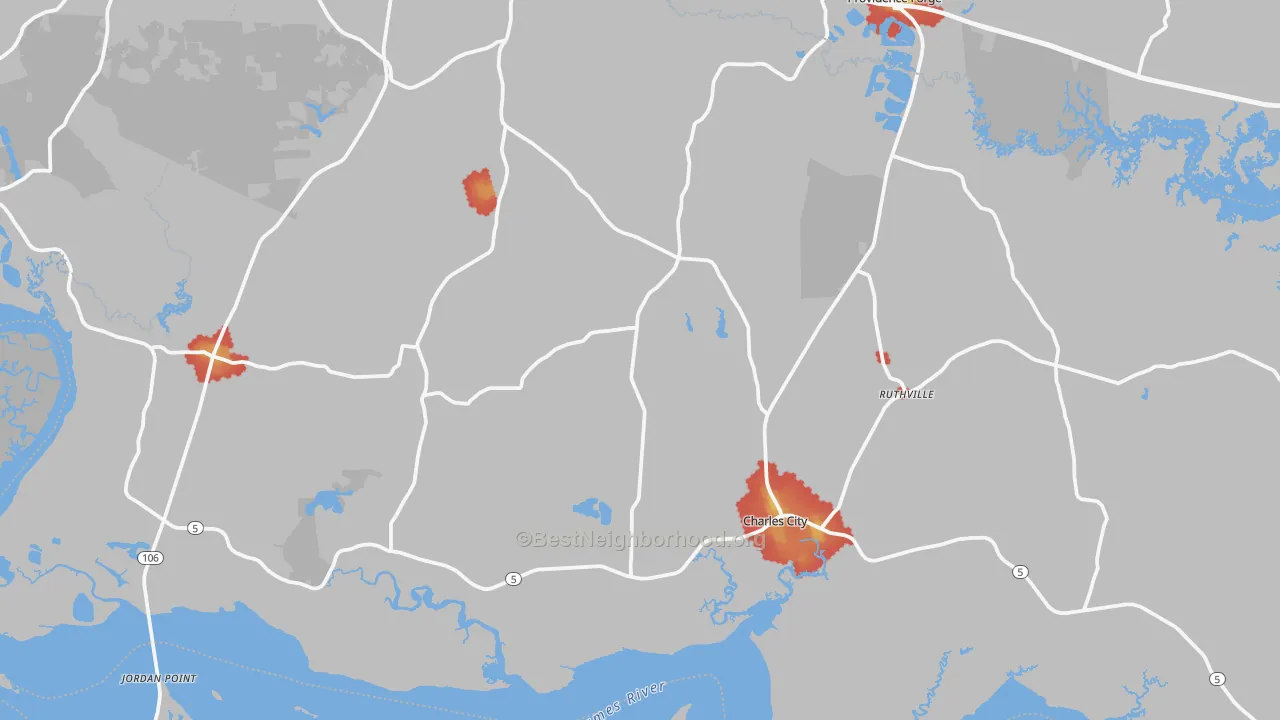 Walk Grade map of 23030, VA, walkable areas in green and car-dependent areas in red