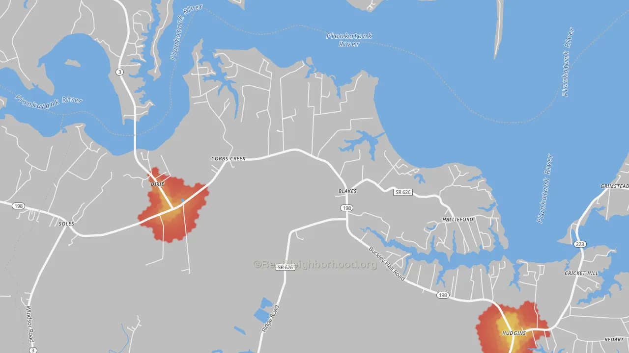 Walk Grade map of 23035, VA, walkable areas in green and car-dependent areas in red