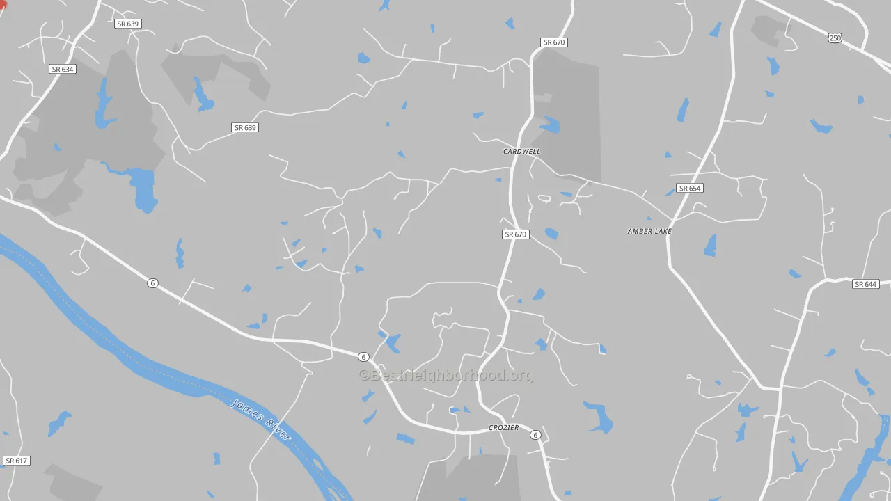 Walk Grade map of 23039, VA, walkable areas in green and car-dependent areas in red