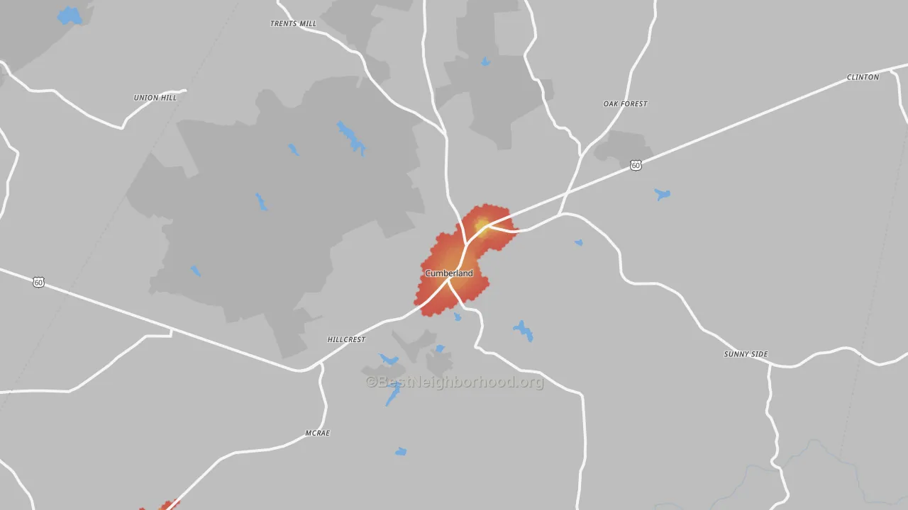 Walk Grade map of 23040, VA, walkable areas in green and car-dependent areas in red