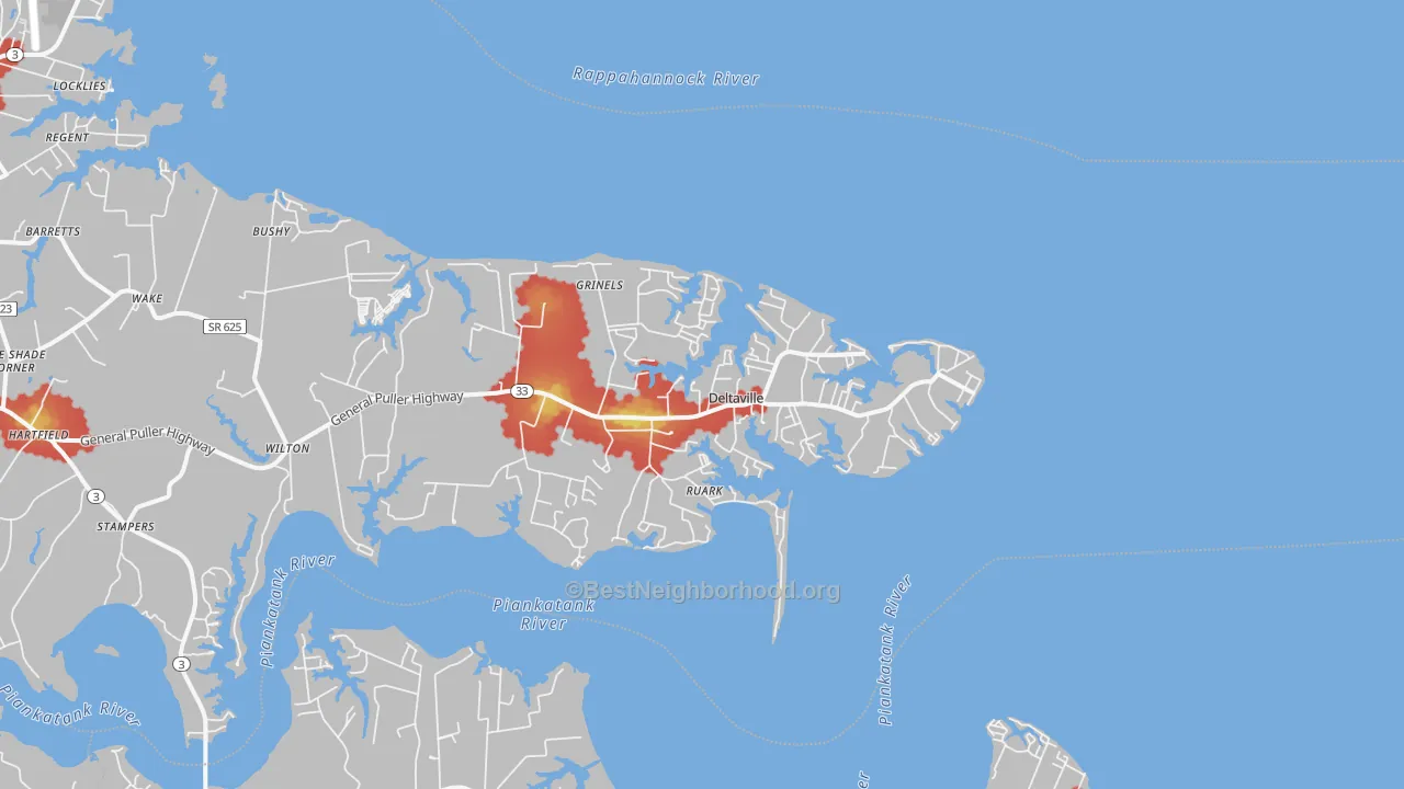 Walk Grade map of 23043, VA, walkable areas in green and car-dependent areas in red