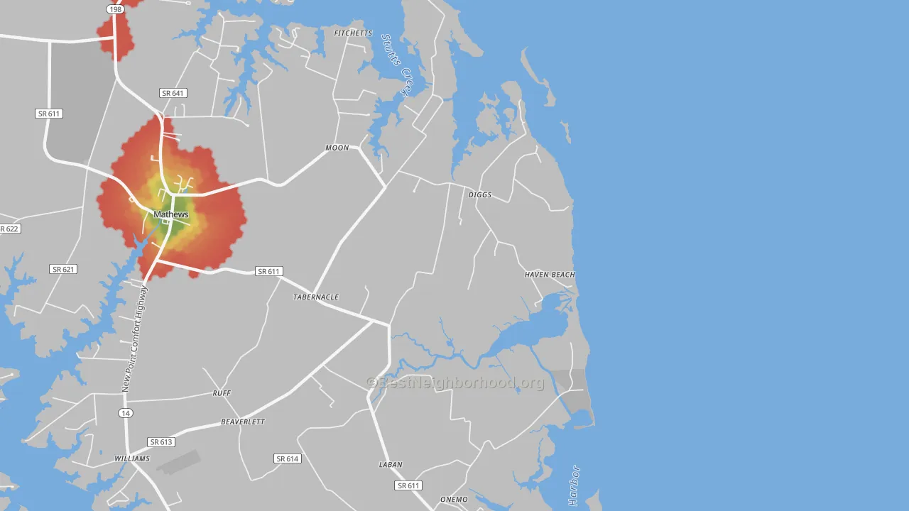 Walk Grade map of 23045, VA, walkable areas in green and car-dependent areas in red
